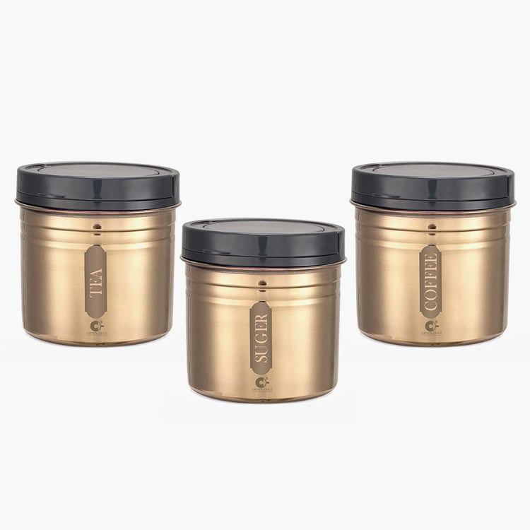 CROWN CRAFT Sterling Gold Stainless Steel Canister With Lid - Set of 3 - 500 ml