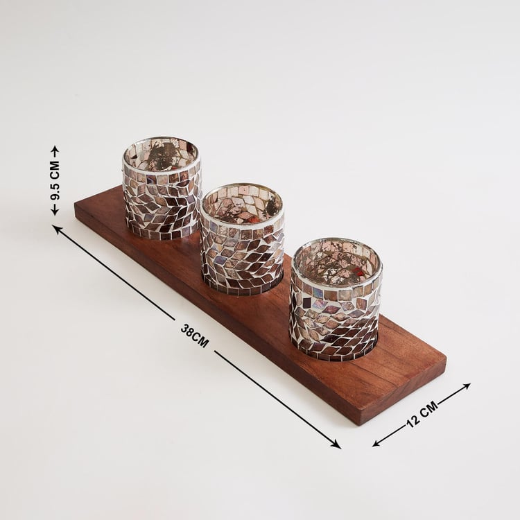 Mystique Set of 3 Glass Mosaic T-Light Holders with Wooden Base