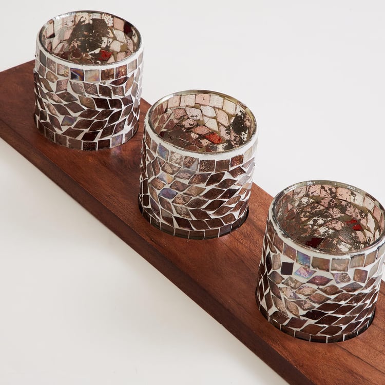 Mystique Set of 3 Glass Mosaic T-Light Holders with Wooden Base