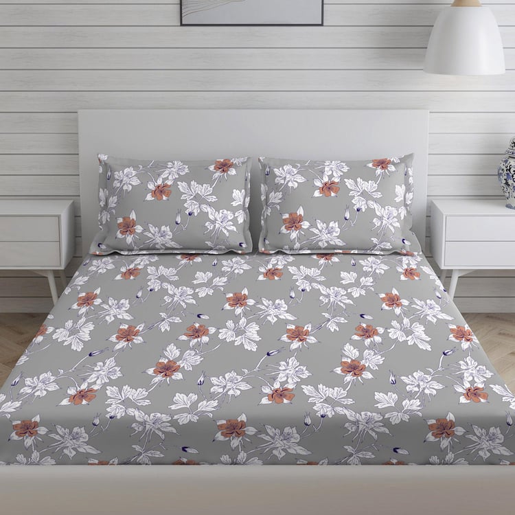 LAYERS Bologna Grey Floral Printed Cotton Super King Bedsheet Set - 275x275cm - 3Pcs