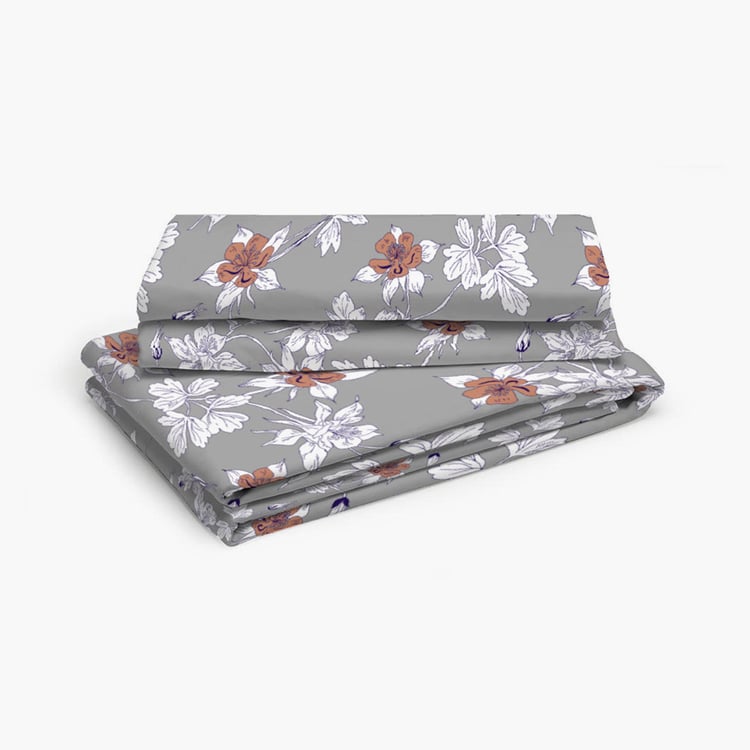 LAYERS Bologna Grey Floral Printed Cotton Super King Bedsheet Set - 275x275cm - 3Pcs