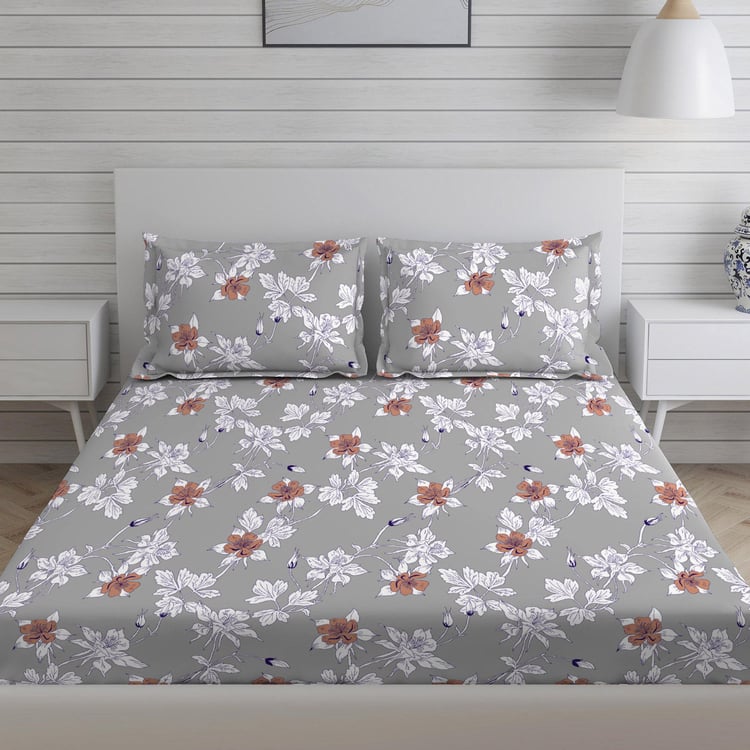 LAYERS Bologna Grey Floral Printed Cotton King Bedsheet Set – 224x275cm - 3Pcs