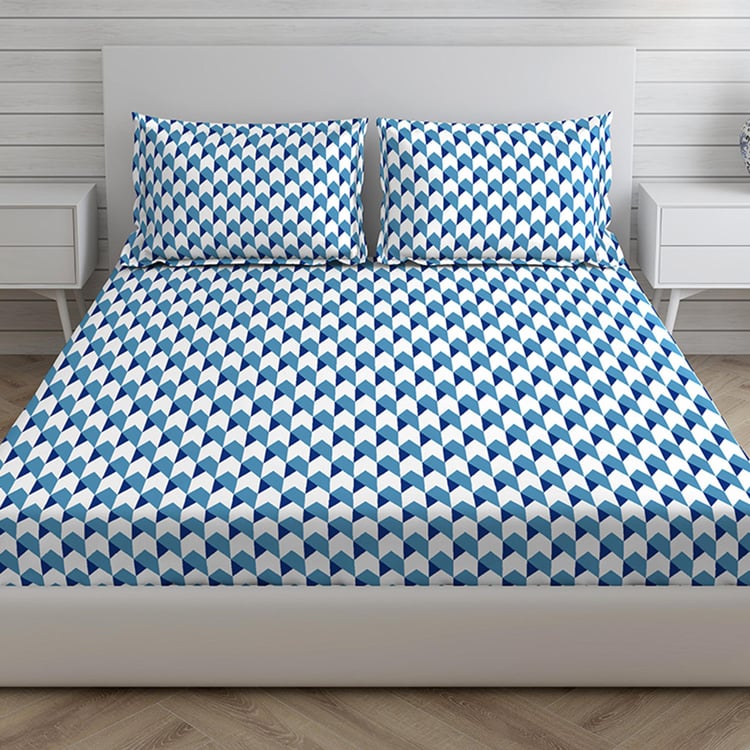 LAYERS Lumina Blue Geometric Printed Cotton Super King Bedsheet Set - 275x275cm - 3Pcs