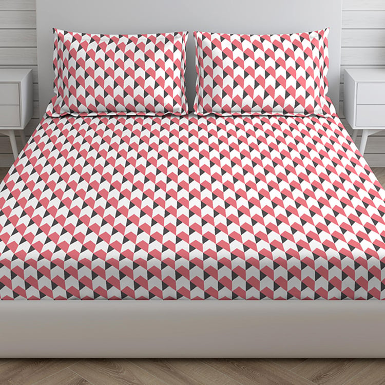 LAYERS Lumina Pink Geometric Printed Cotton King Bedsheet Set – 228x275cm - 3Pcs