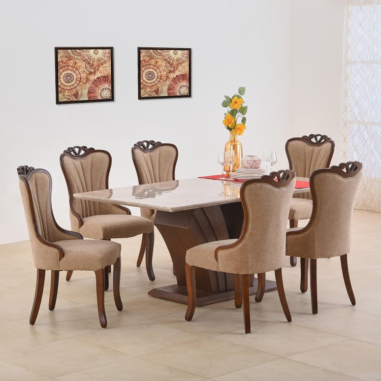 Empire Faux Marble Top 6-Seater Dining Set with Chairs - Beige and Brown