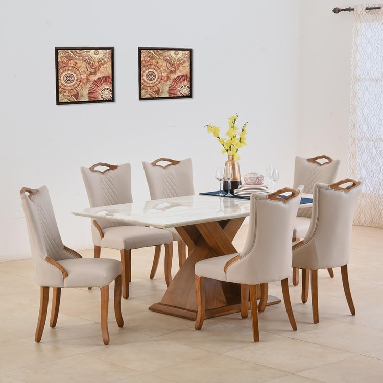Prince Faux Marble Top 6 Seater Dining Set with Chairs White and Brown