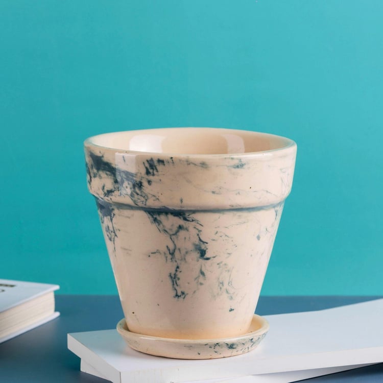 NURTURING GREEN Mystique Fusion Multicolour Printed Ceramic Floor Planter with Tray