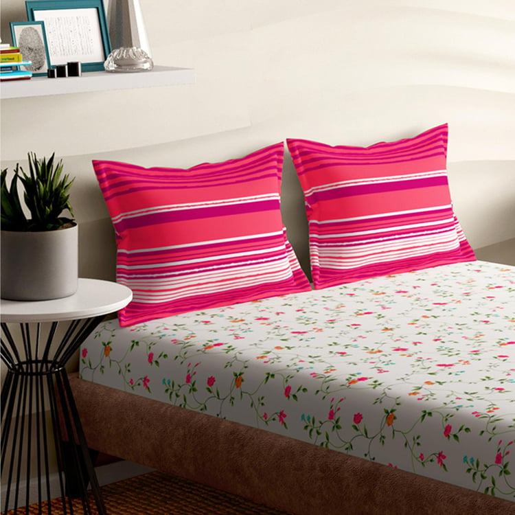 PORTICO Charlotte Pink Floral Printed Cotton Super King Bedsheet Set - 274x274cm - 3Pcs