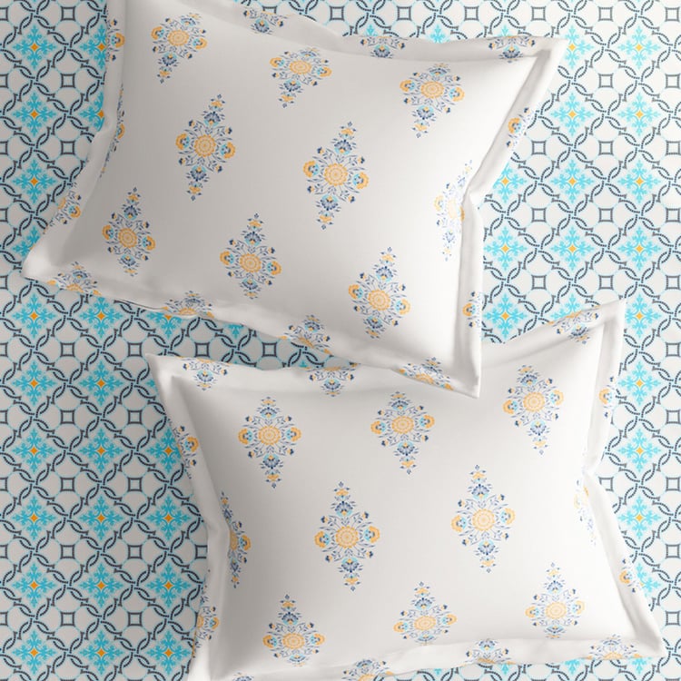 PORTICO Charlotte Blue Printed Cotton Super King Bedsheet Set - 274x274cm - 3Pcs