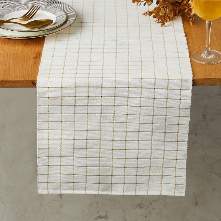 Glitz White Checked Cotton Table Runner - 33x180cm