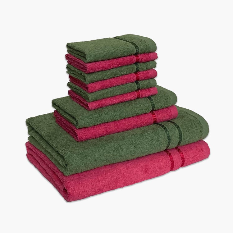 SPACES Seasons Best Red & Green Solid Bath Towel Set - 10 Pcs