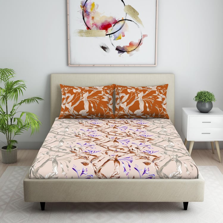 SPACES Seasons Best Premium Pink Floral Printed Cotton Queen Bedsheet Set - 224x254cm - 3Pcs