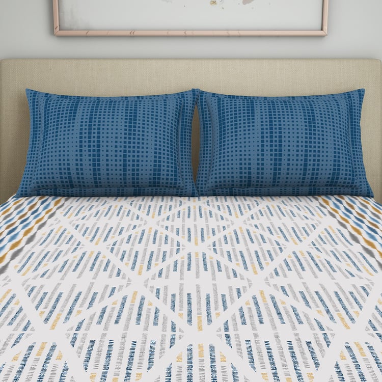 SPACES Seasons Best Premium Blue Geometric Printed Cotton Queen Bedsheet Set - 224x254cm - 3Pcs