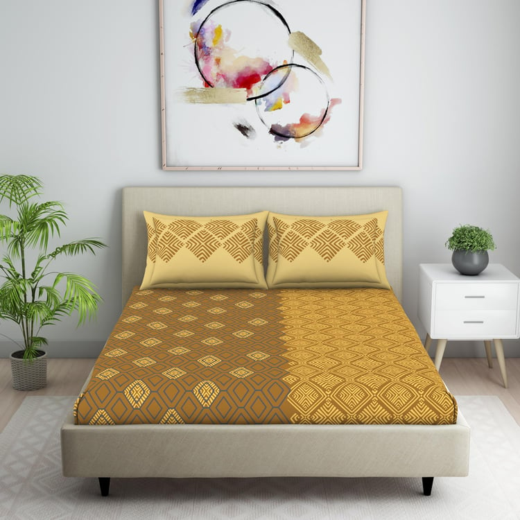 SPACES Seasons Best Premium Yellow Printed Cotton Queen Bedsheet Set – 224x254cm - 3Pcs
