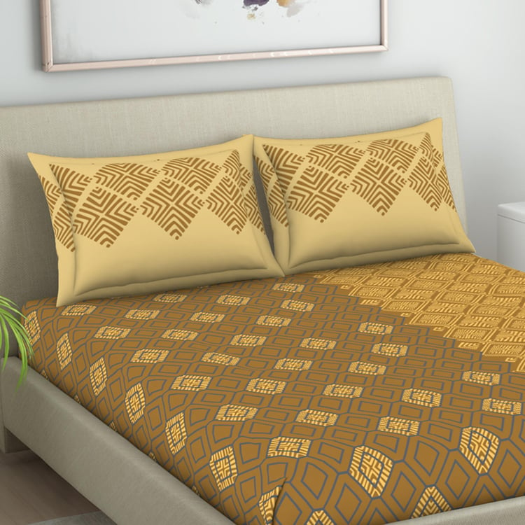 SPACES Seasons Best Premium Yellow Printed Cotton Queen Bedsheet Set – 224x254cm - 3Pcs