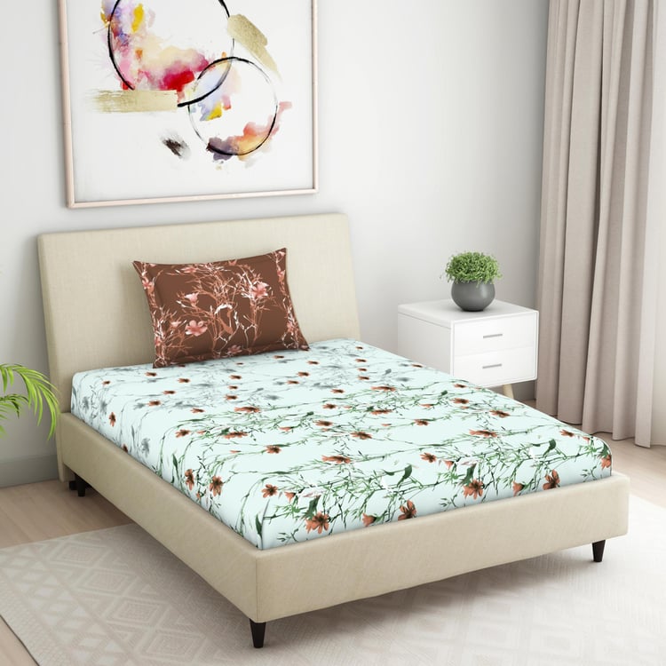 SPACES Seasons Best Premium Blue Floral Printed Cotton Single Bedsheet Set -  152x224cm - 3Pcs