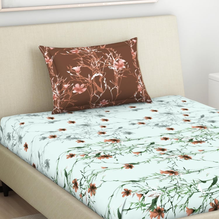 SPACES Seasons Best Premium Blue Floral Printed Cotton Single Bedsheet Set -  152x224cm - 3Pcs