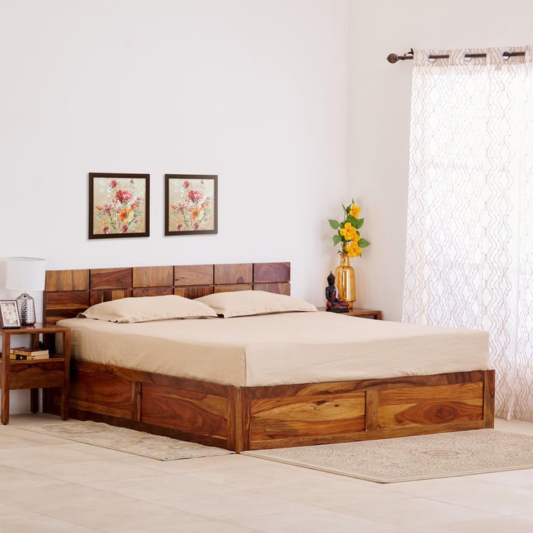 Helios Rubix Sheesham Wood King Bed with Box Storage - Brown