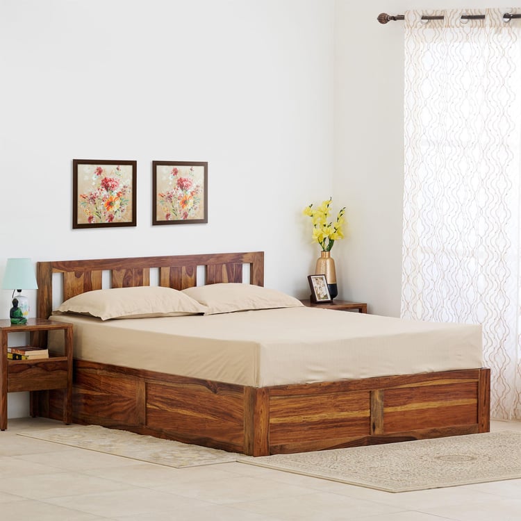 Helios Pico Sheesham Wood Queen Bed with Box Storage - Brown