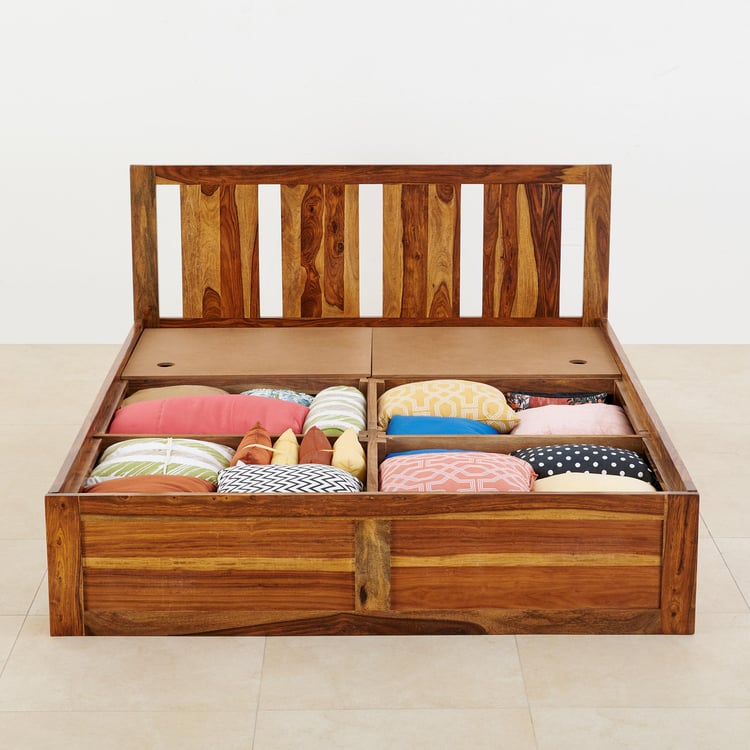 Helios Pico Sheesham Wood Queen Bed with Box Storage - Brown