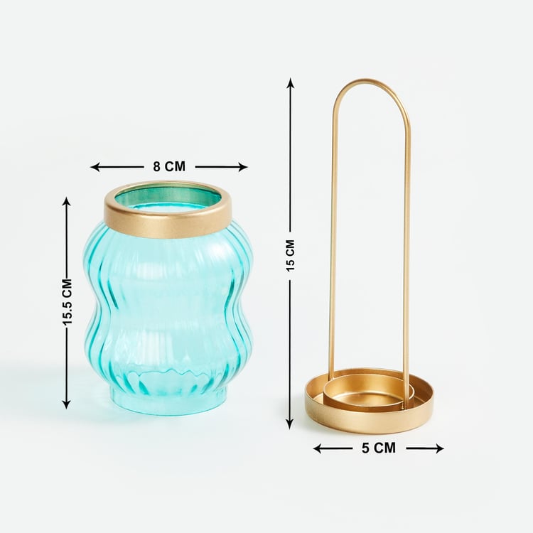 Modern Luxe Teal Glass Hour Glass Lantern