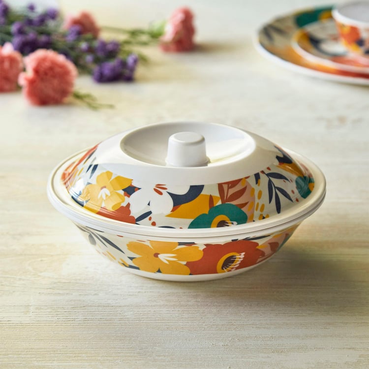 Meadowas White Printed Melamine Serving Bowl with Lid - 20x8cm