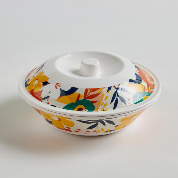 Meadowas White Printed Melamine Serving Bowl with Lid - 20x8cm