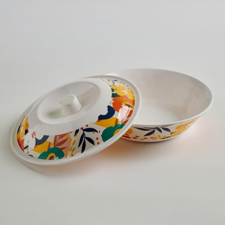 Meadowas White Printed Melamine Serving Bowl with Lid - 20x8cm