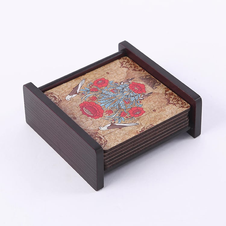 WONDERCHEF Casablanca Multicolour Floral Damask Motif Wooden Coaster With Stand - Set Of 6