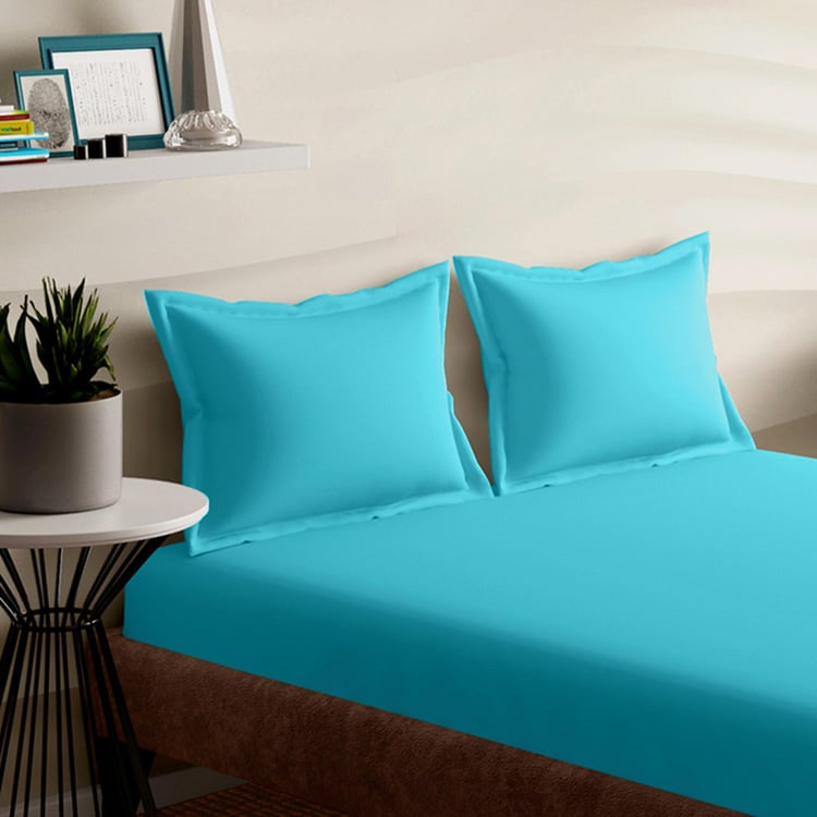 PORTICO Shades Blue Solid Cotton Fitted King Size Bedsheet Set - 180x198cm - 3Pcs