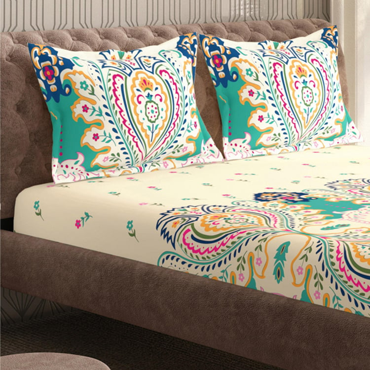 PORTICO Magnum Blue Floral Printed Cotton Super King Bedsheet Set - 274x274cm - 3Pcs