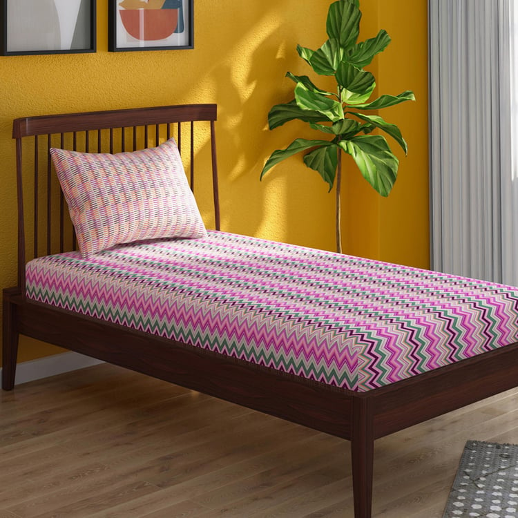PORTICO Hashtag Pink Geometric Printed Cotton Single Bedsheet Set - 224x150cm - 2Pcs