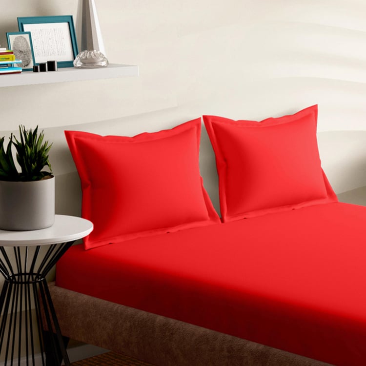 PORTICO Shades Red Solid Cotton Queen Size Bedsheet Set - 224x254cm - 3Pcs