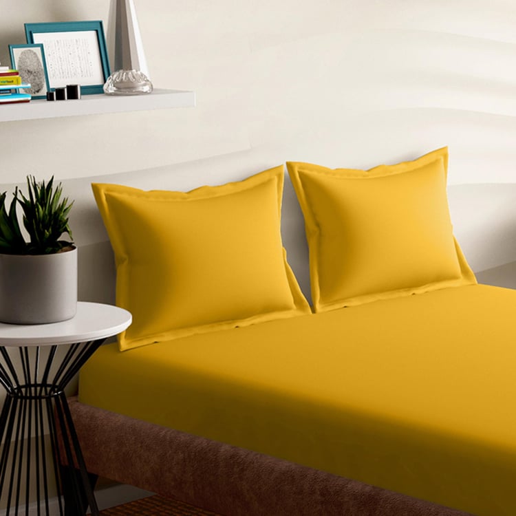 PORTICO Shades Yellow Solid Cotton Queen Bedsheet Set - 224x254cm - 3Pcs
