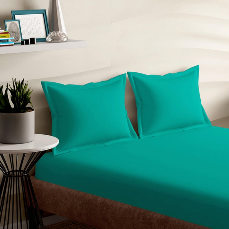 PORTICO Shades Teal Solid Cotton Queen Bedsheet Set - 224x254 - 3Pcs