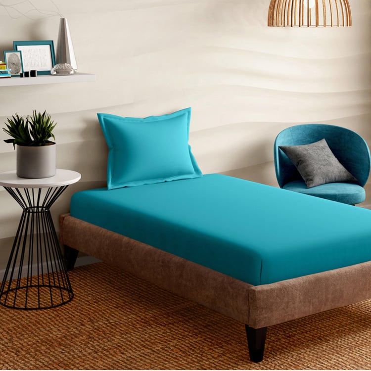 PORTICO Shades Blue Solid Cotton Single Bedsheet Set - 150x224cm - 2Pcs