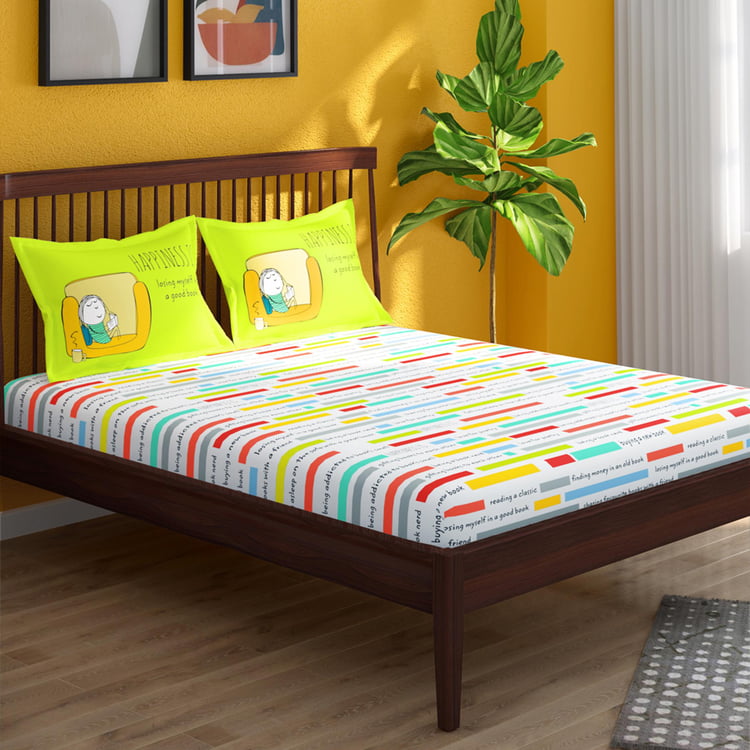 PORTICO Happiness Is White Printed Cotton King Fitted Bedsheet Set - 267x274cm - 3Pcs