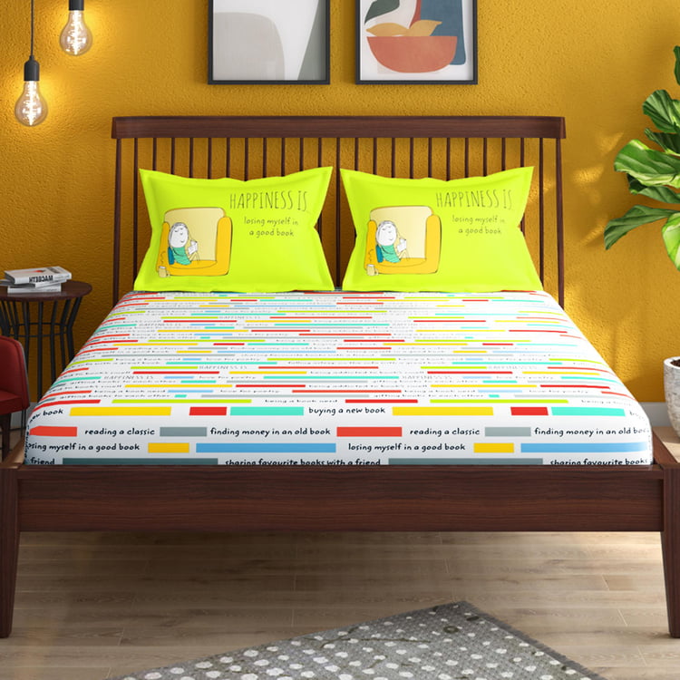 PORTICO Happiness Is White Printed Cotton King Fitted Bedsheet Set - 267x274cm - 3Pcs