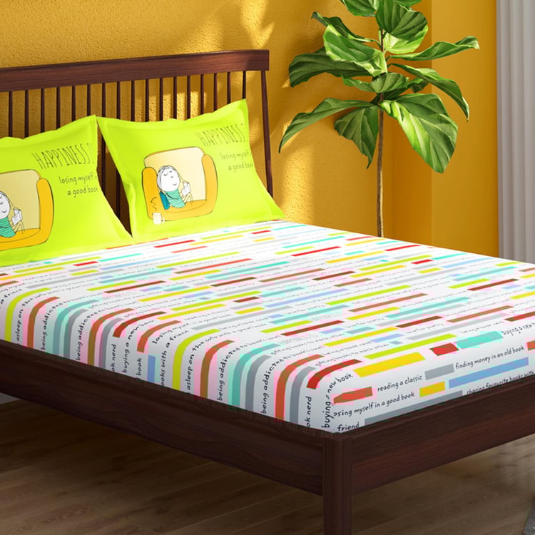 PORTICO Happiness Is White Printed Cotton King Fitted Bedsheet Set - 267x274cm - 3Pcs