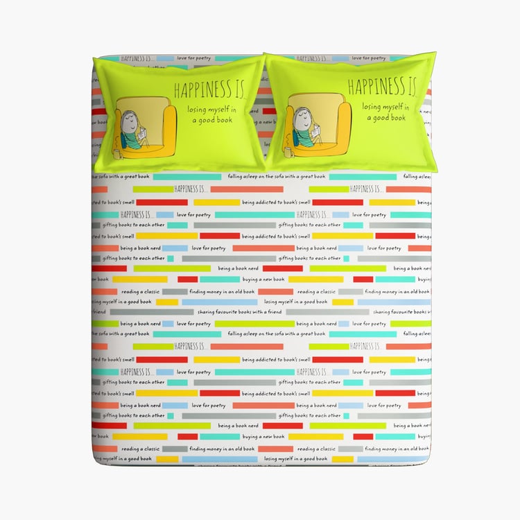 PORTICO Happiness Is White Printed Cotton King Fitted Bedsheet Set - 267x274cm - 3Pcs