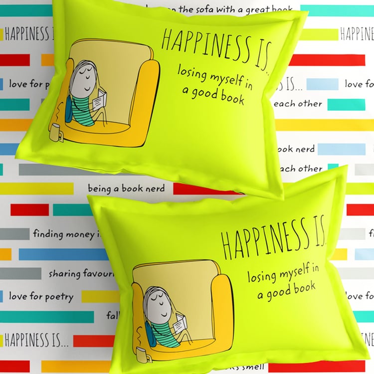 PORTICO Happiness Is White Printed Cotton King Fitted Bedsheet Set - 267x274cm - 3Pcs