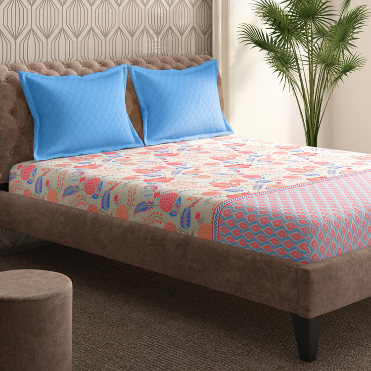 PORTICO Shalimaar Peach & Blue Printed Cotton Super King Bedsheet Set - 274x274cm - 3Pcs