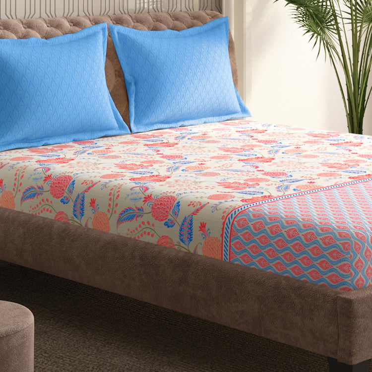 PORTICO Shalimaar Peach & Blue Printed Cotton Super King Bedsheet Set - 274x274cm - 3Pcs