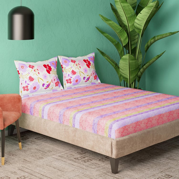 PORTICO Marvella Pink Striped Cotton Queen Bedsheet Set - 224x254cm - 3Pcs