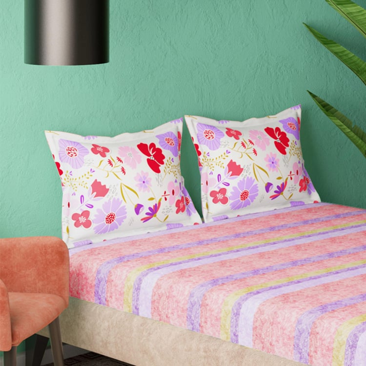 PORTICO Marvella Pink Striped Cotton Queen Bedsheet Set - 224x254cm - 3Pcs