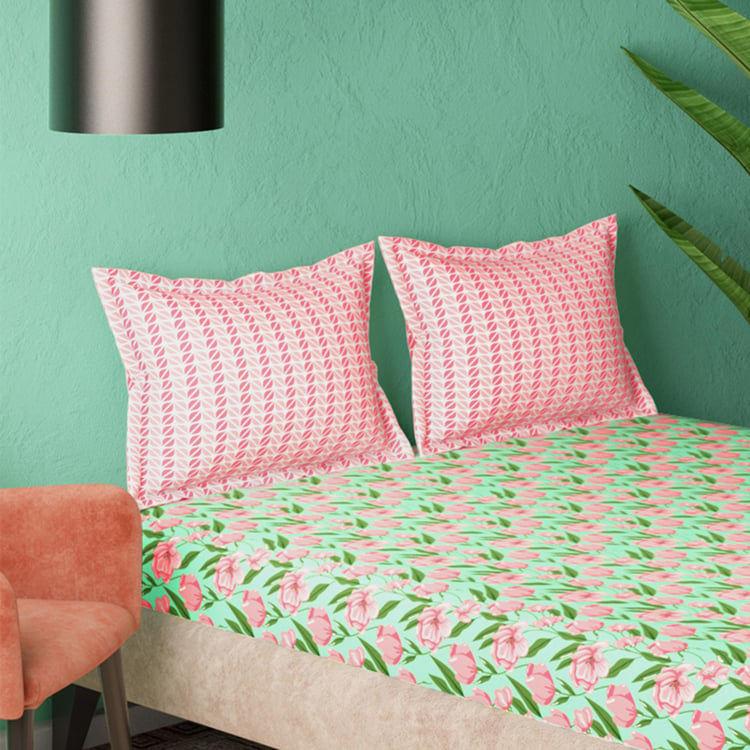 PORTICO Marvella Green Printed Cotton Queen Size Bedsheet Set - 224x254cm - 3Pcs