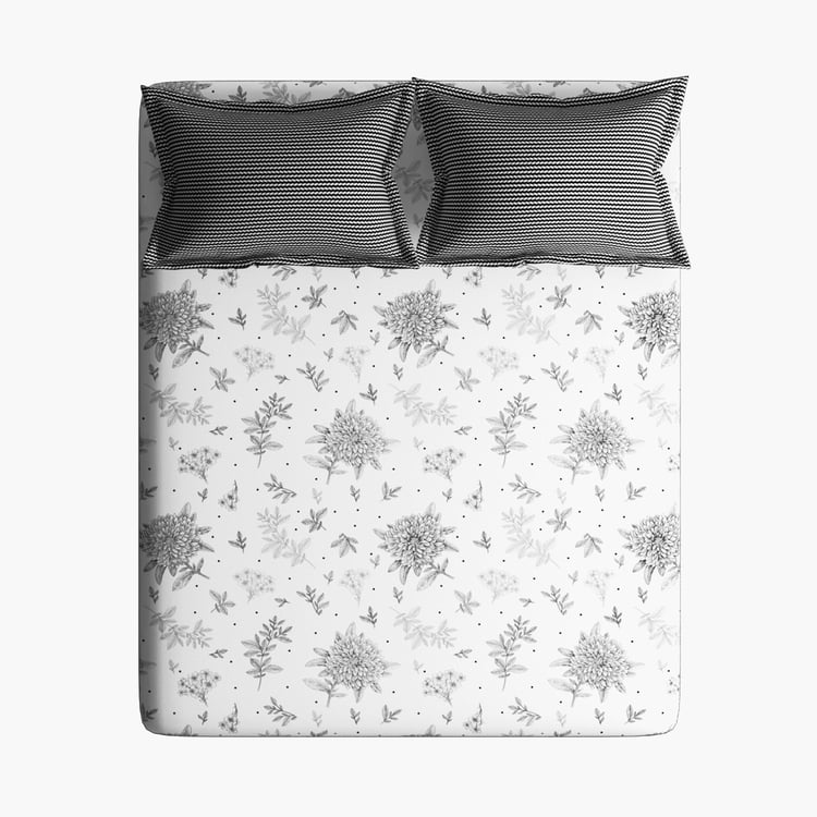PORTICO Marvella B&W White Printed Cotton Super King Bedsheet Set - 274x274cm - 3Pcs