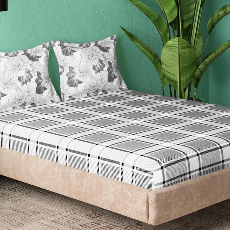 PORTICO Marvella White & Grey Checked Cotton Double Bedsheet - 274x274cm