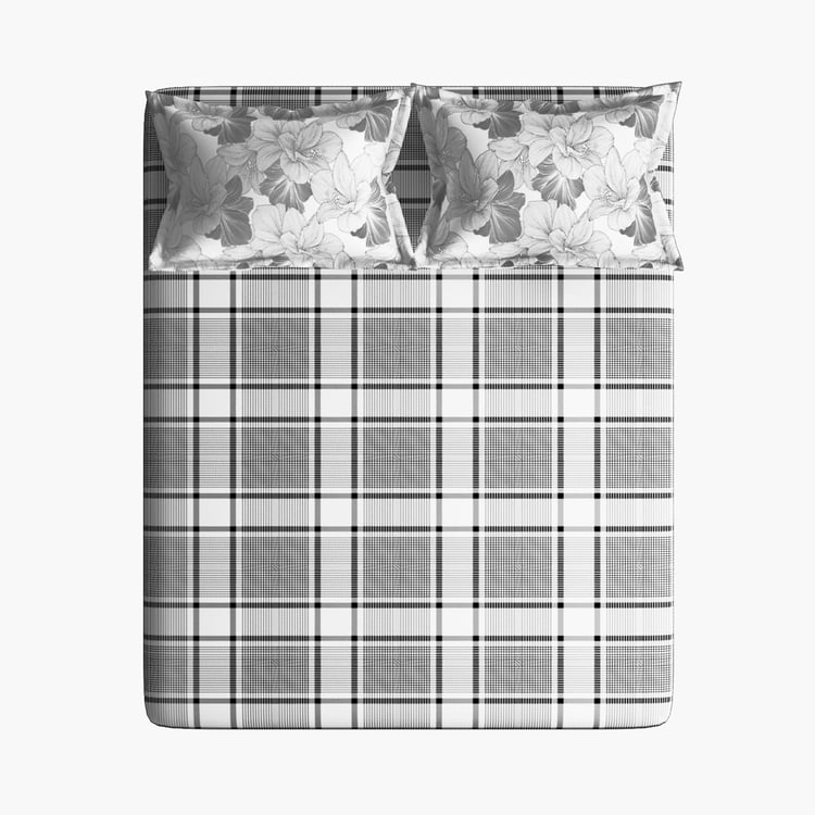 PORTICO Marvella White & Grey Checked Cotton Double Bedsheet - 274x274cm