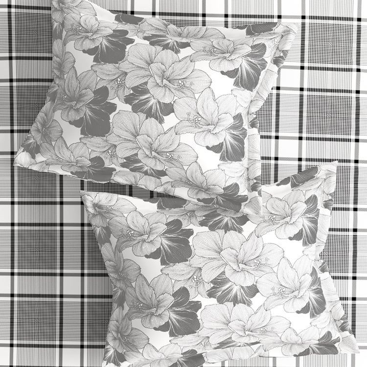 PORTICO Marvella White & Grey Checked Cotton Double Bedsheet - 274x274cm